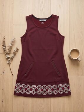 Athleta Wine Burgundy Sleeveless Mini Dress with Embroidered Hem and Pockets